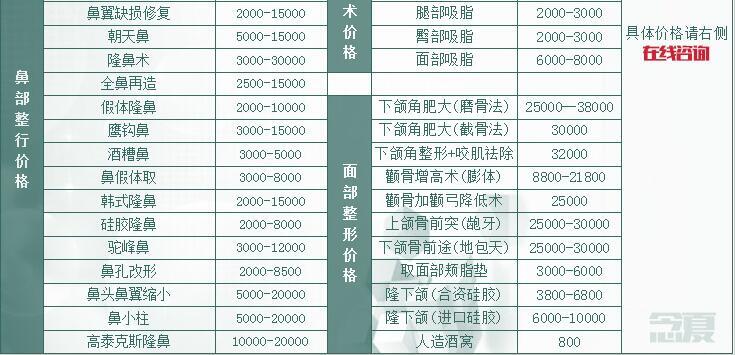 鼻子整形价格表,磨骨瘦脸价格表,上海美之源价格表