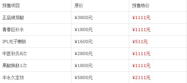 上海时光整形聚美预售项目价格表