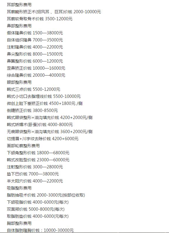 上海第(一)人民医院整形外科价格表2017年上市一览