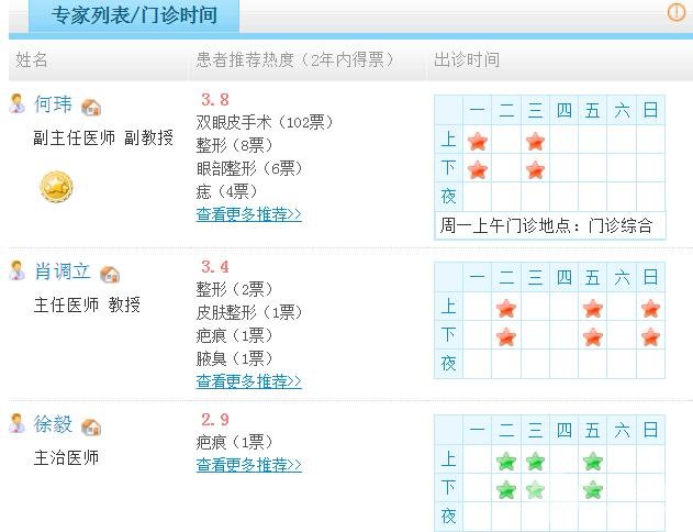 湖南省第二人民医院美容科医生坐诊时间表
